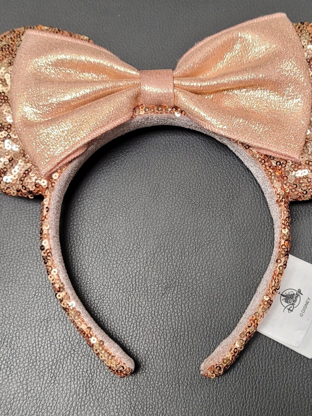 Disney Metallic Rose Gold Sequin Minnie Ear Headband with Shimmer Bow
